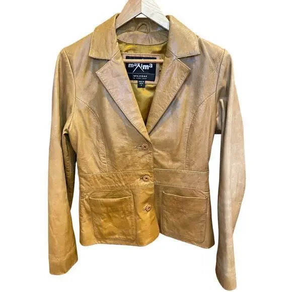 Vintage Wilson's Leather Maxima Camel Brown Button Biker Style Collared Jacket - Picture 1 of 16